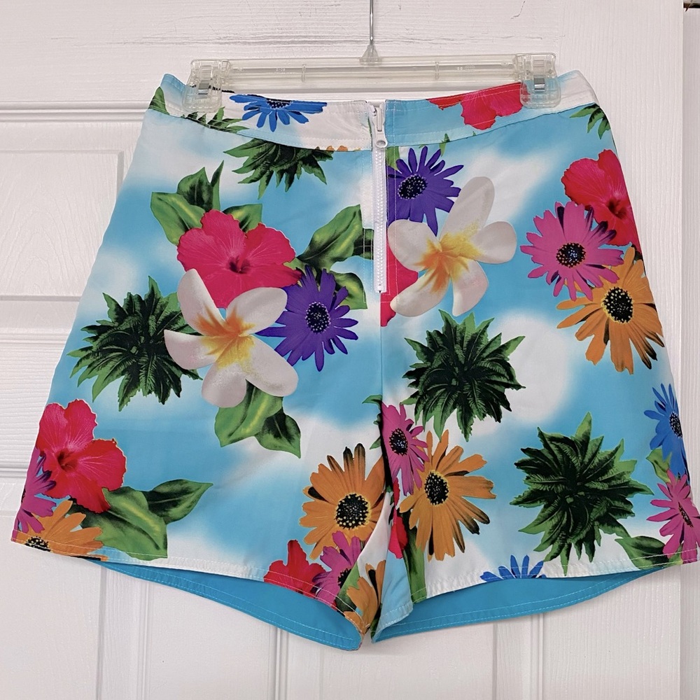 Catalina Reversible Tropical Print Blue Zip Front Swim Board Shorts Sz S 4/6